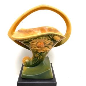 Vintage Roseville Art Pottery Handled Basket 377-8 USA Floral Yellow Green Glaze